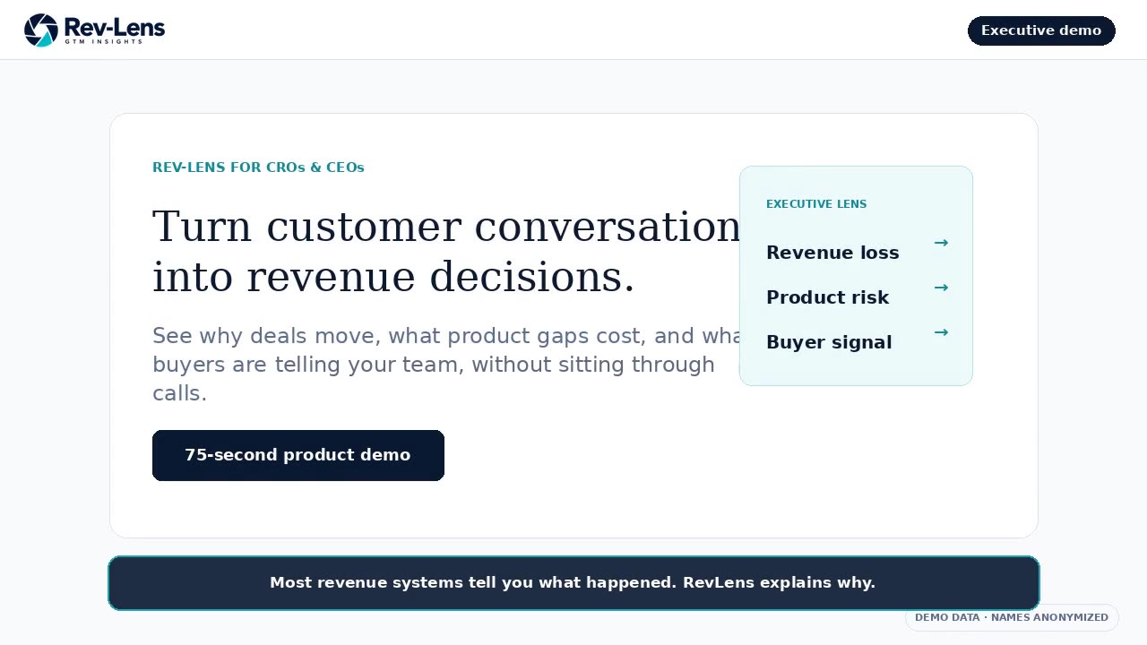 Opening frame of the Rev-Lens executive walkthrough: turn customer conversations into revenue decisions.